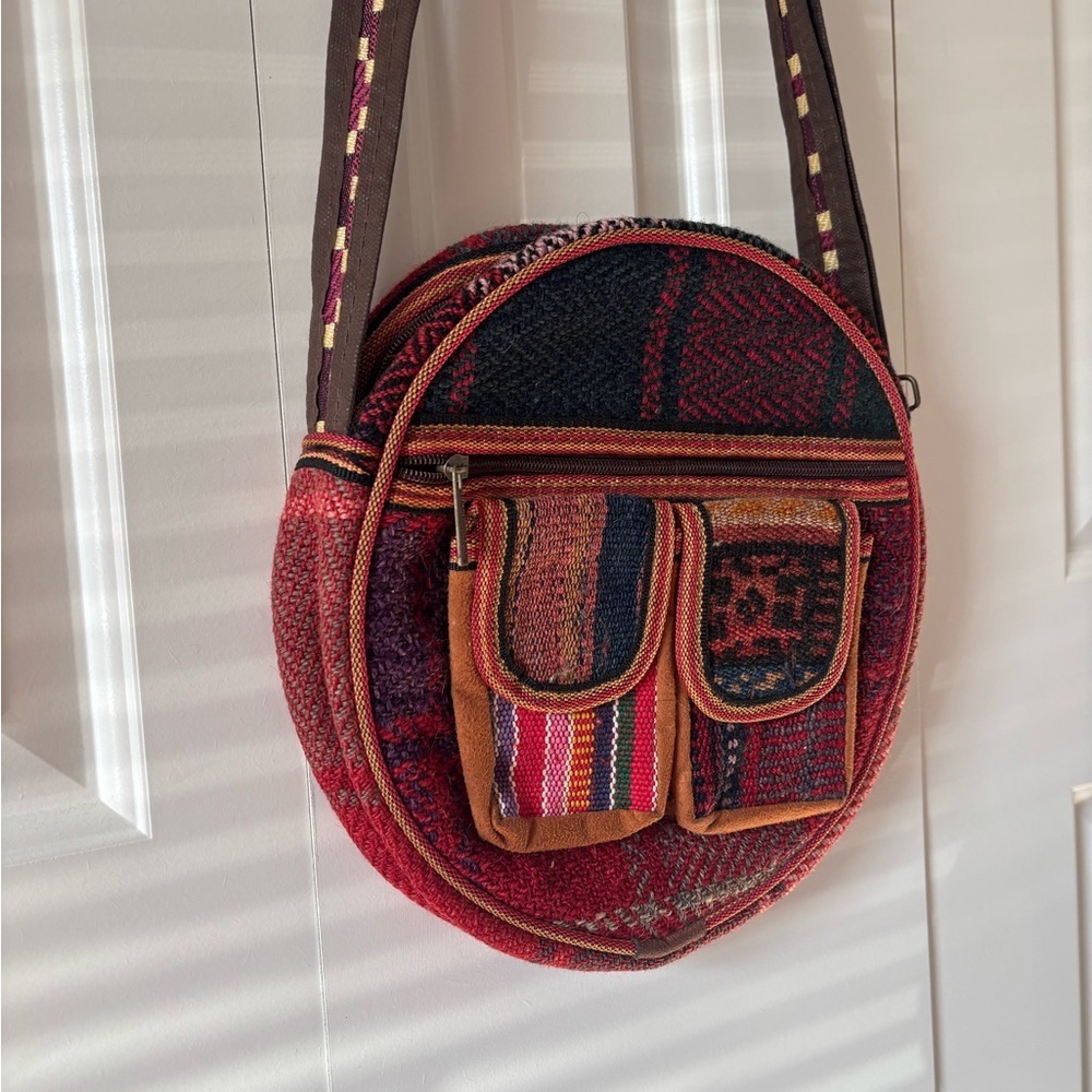 Boho Round Crossbody Bag in Red and Black - Picture 3 of 12